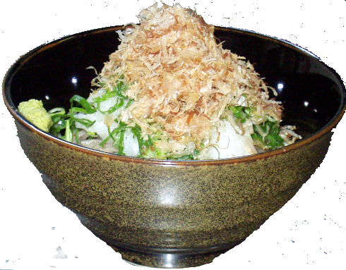 調理例　おろしそば。ねぎ･わさび・大根おろしで さっぱりとおろしそば. おつゆをぶっかけでどうぞ！